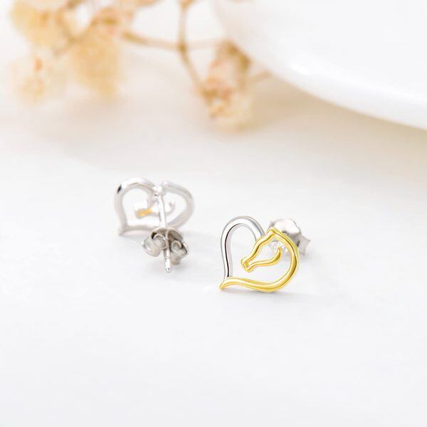 Sterling Silver Two Tone Color Heart Horse Stud Earrings-5