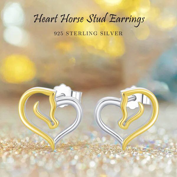 Sterling Silver Two Tone Color Heart Horse Stud Earrings-6