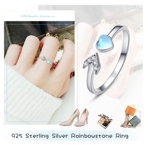 Sterling Silver Moonstone and Zircon Silver Plated Heart Adjustable Open Rings-2