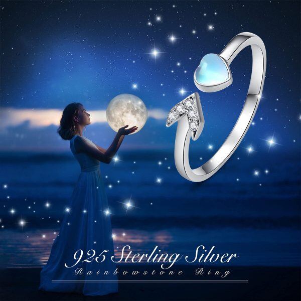 Sterling Silver Moonstone and Zircon Silver Plated Heart Adjustable Open Rings-3