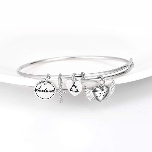 Sterling Silver Zircon Silver Plated Angel Wing Expandable Cross Charms Bangle-2