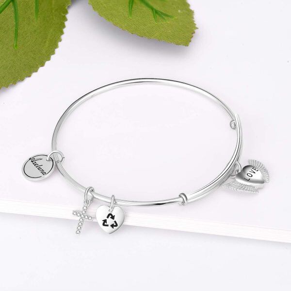 Sterling Silver Zircon Silver Plated Angel Wing Expandable Cross Charms Bangle-3