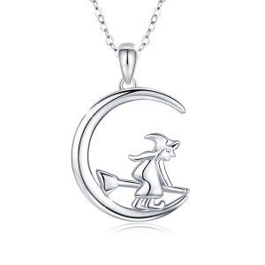 Sterling Silver Silevr Plated Witch Moon Pendant Necklace-0