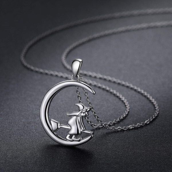 Sterling Silver Silevr Plated Witch Moon Pendant Necklace-4