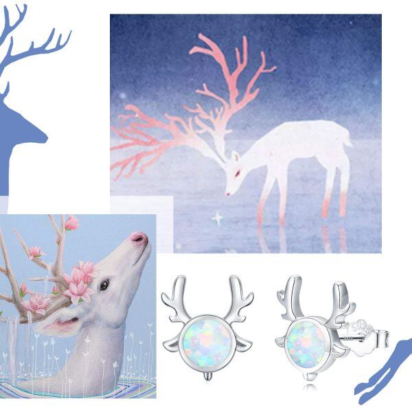 Sterling Silver Opal Silver Plated Deer Stud Earrings -5