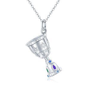 Sterling Silver Zircon Silver Plated Medieval Gem Chalice Pendant Necklace-0