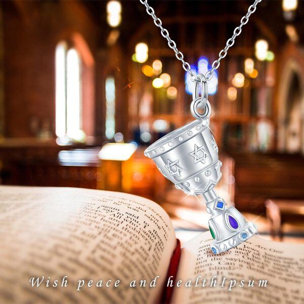 Sterling Silver Zircon Silver Plated Medieval Gem Chalice Pendant Necklace-5