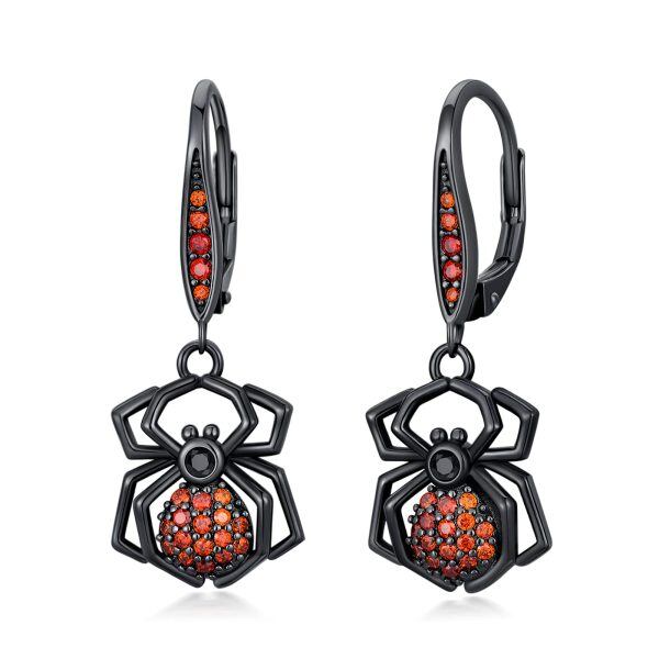 Sterling Silver Zircon Black Rhodium Plated Spider Dangle Earrings-0