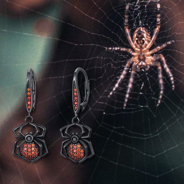 Sterling Silver Zircon Black Rhodium Plated Spider Dangle Earrings-4