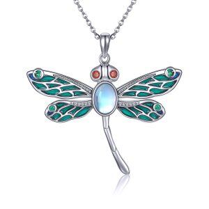 Sterling Silver Abalone and Moonstone Silver Plated Dragonfly Urn Necklace -0