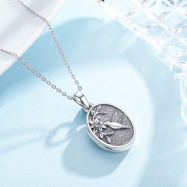 Sterling Silver Oxidized Hummingbird Locket Pendant Necklace-1