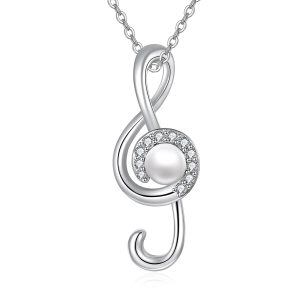 Sterling Silver Pearl and Zircon Silver Plated Music Note Pendant Necklace-0