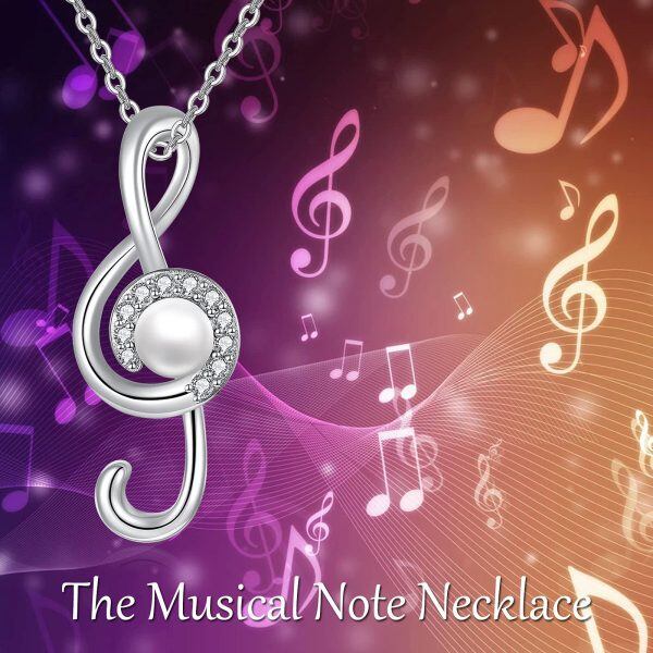 Sterling Silver Pearl and Zircon Silver Plated Music Note Pendant Necklace-1