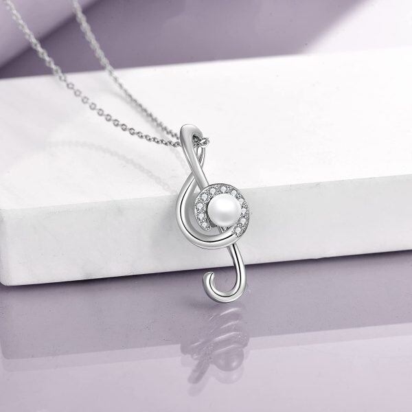 Sterling Silver Pearl and Zircon Silver Plated Music Note Pendant Necklace-3