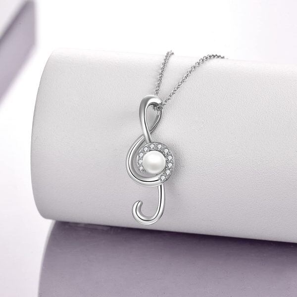 Sterling Silver Pearl and Zircon Silver Plated Music Note Pendant Necklace-4