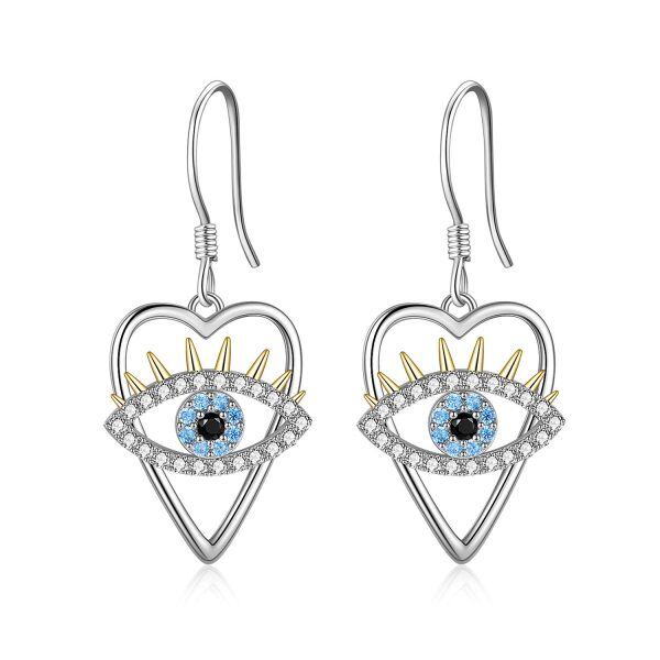 Sterling Silver Zircon Silver Plated Heart Eye Dangle Earrings-0