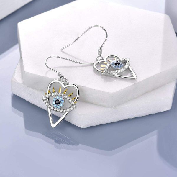 Sterling Silver Zircon Silver Plated Heart Eye Dangle Earrings-1