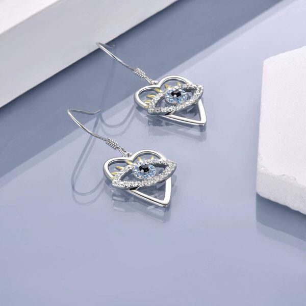 Sterling Silver Zircon Silver Plated Heart Eye Dangle Earrings-2