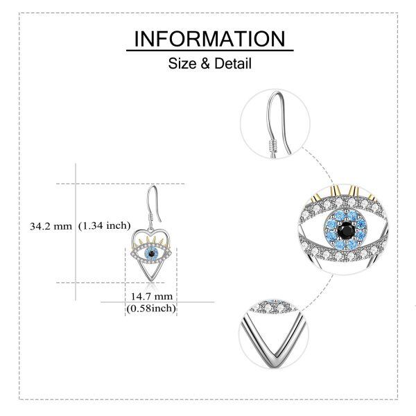 Sterling Silver Zircon Silver Plated Heart Eye Dangle Earrings-3