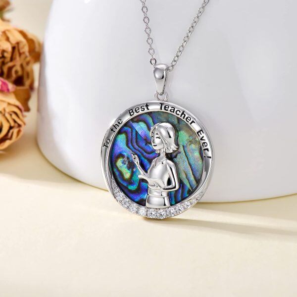 Sterling Silver Abalone and Zircon Silver Plated Teacher Pendant Necklace-1