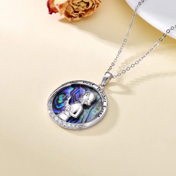 Sterling Silver Abalone and Zircon Silver Plated Teacher Pendant Necklace-2