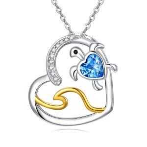 Sterling Silver Blue Crystal Two Tone Color Turtle Heart Pendant Necklace-0