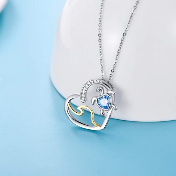 Sterling Silver Blue Crystal Two Tone Color Turtle Heart Pendant Necklace-1