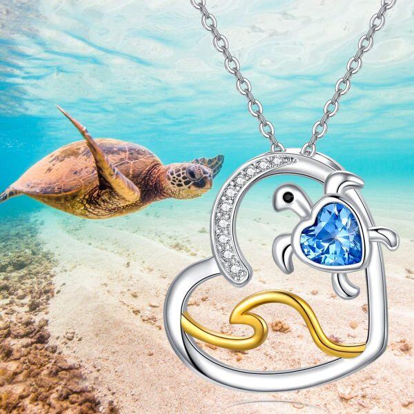 Sterling Silver Blue Crystal Two Tone Color Turtle Heart Pendant Necklace-5