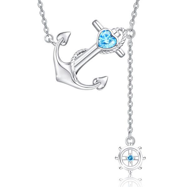 Sterling Silver Zircon Silver Plated Anchor Pendant Necklace-0