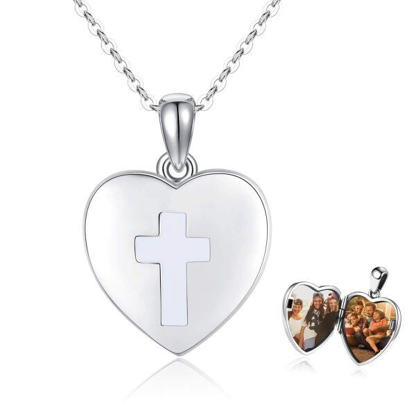 Sterling Silver Silver Plated Cross Heart Locket Necklace -0