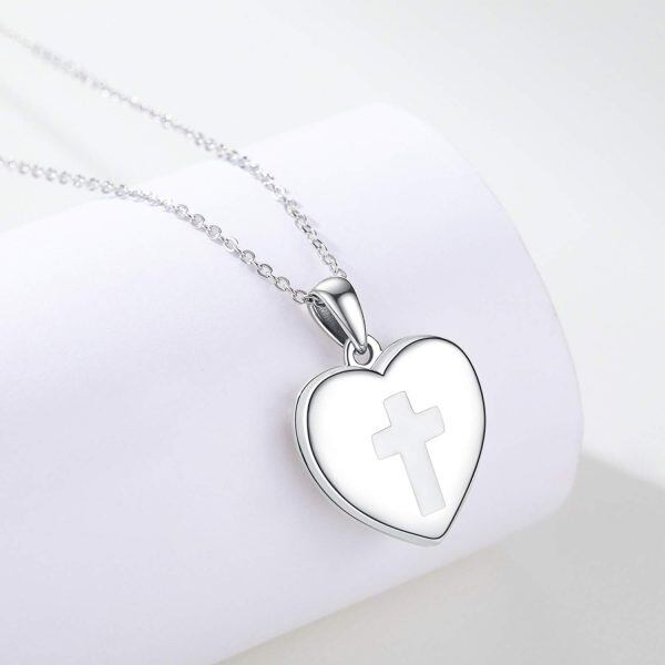 Sterling Silver Silver Plated Cross Heart Locket Necklace -1