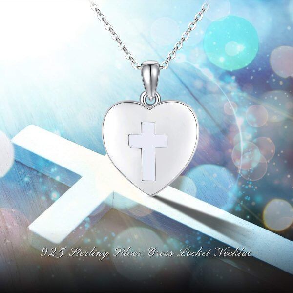 Sterling Silver Silver Plated Cross Heart Locket Necklace -5