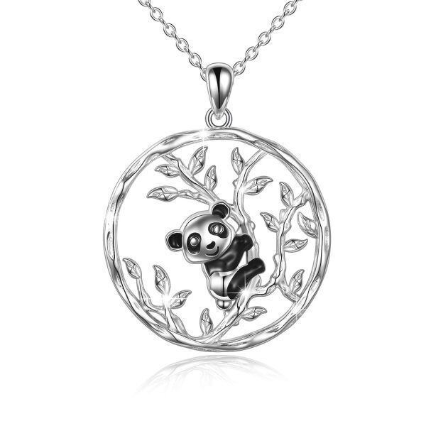 Sterling Silver Silver Plated Lovely Panda Bamboo Pendant Necklace-0