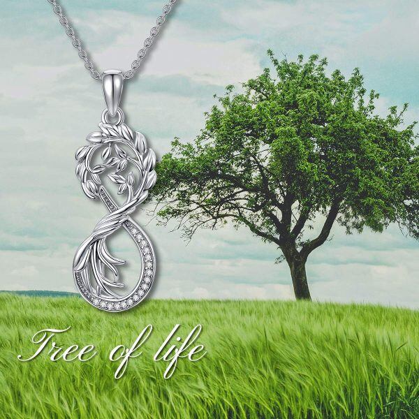 Sterling Silver Zircon Silver Plated Tree of Life Pendant Necklace -5