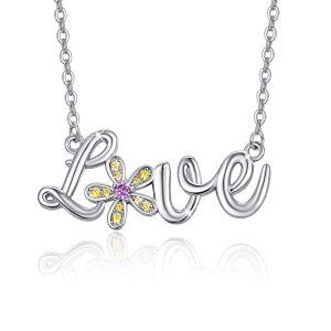 Sterling Silver Zircon Silver Plated Daisy Love Script Pendant Necklace-0