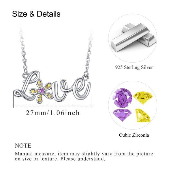 Sterling Silver Zircon Silver Plated Daisy Love Script Pendant Necklace-1