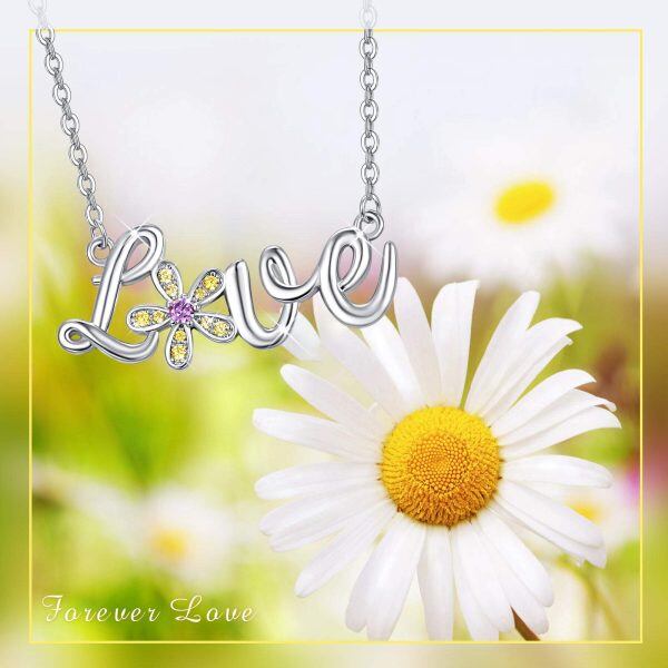 Sterling Silver Zircon Silver Plated Daisy Love Script Pendant Necklace-2