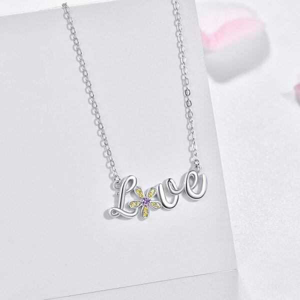 Sterling Silver Zircon Silver Plated Daisy Love Script Pendant Necklace-3