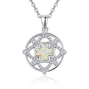 Sterling Silver Opal Silver Plated Four Leaf Clover Pendant Necklace-0