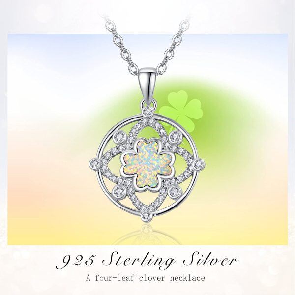 Sterling Silver Opal Silver Plated Four Leaf Clover Pendant Necklace-4