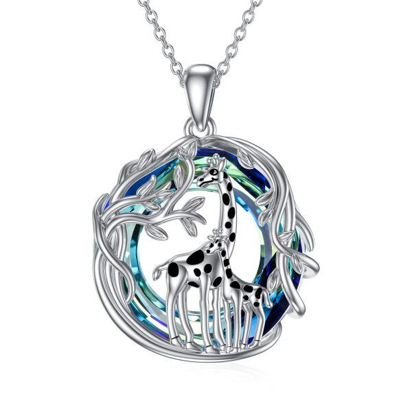 Sterling Silver Crystal Tree of Life Mother Daughter Giraffe Pendennt Necklace-0