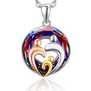 Sterling Silver Crystal Tri-Tone Color Loving Family Heart Pendant Necklace -0