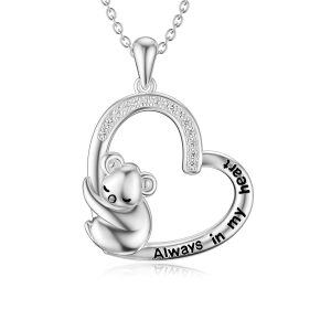 Sterling Silver Zircon Rhodium Plated Koala Heart Necklace-0