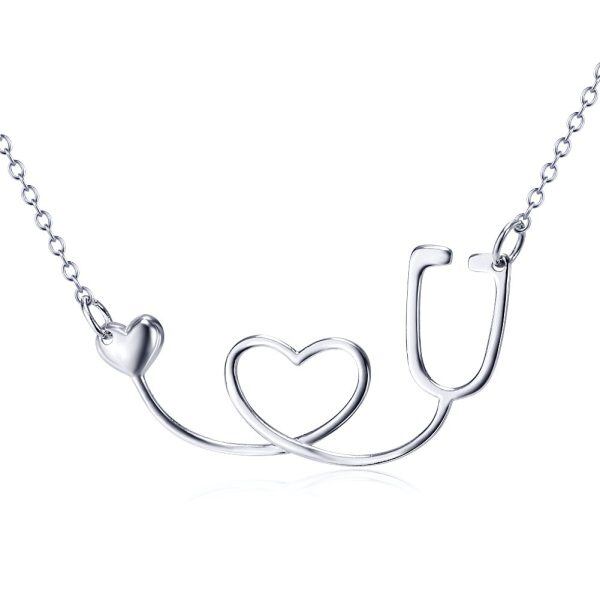 Sterling Silver Stethoscope Heartbeat Pendant Necklace-0