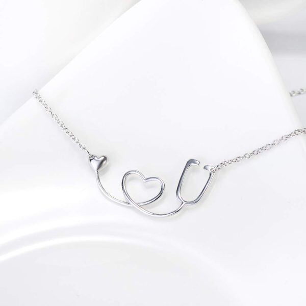 Sterling Silver Stethoscope Heartbeat Pendant Necklace-2