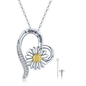 Sterling Silver Zircon Rhodium And Gold Plated Heart Daisy Necklace-0