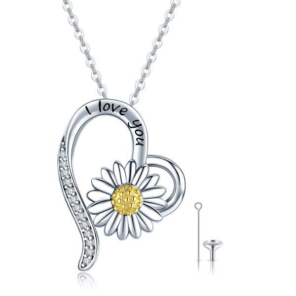 Sterling Silver Zircon Rhodium And Gold Plated Heart Daisy Necklace-0