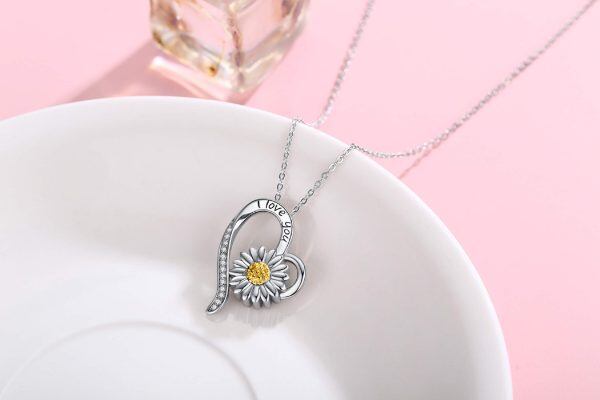 Sterling Silver Zircon Rhodium And Gold Plated Heart Daisy Necklace-1