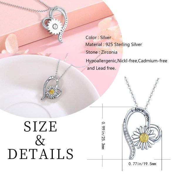 Sterling Silver Zircon Rhodium And Gold Plated Heart Daisy Necklace-6