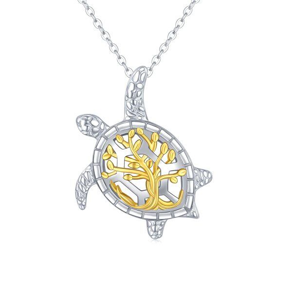 Sterling Silver Rhodium And Gold Plated Turtle Tree Of Life Pendant Necklace-0